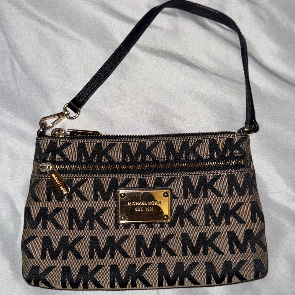 Michael Kors Black and Tan Logo Wristlet